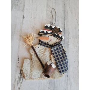 Vintage wooden Snowman Frosty broom bucket glitter rustic wall decor